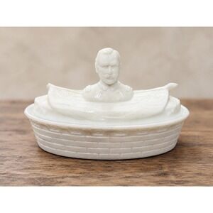 Antique Admiral Dewey Milk Glass Covered Dish Spanish American War George Dewey